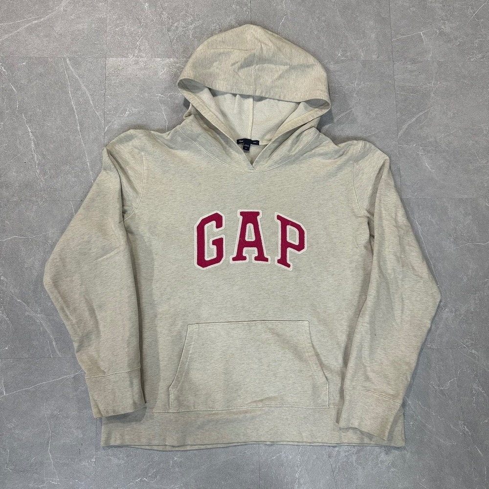 Gap Womens Fleece Hoodie Oatmeal Heather Grey Pink Arch Logo Pullover XL